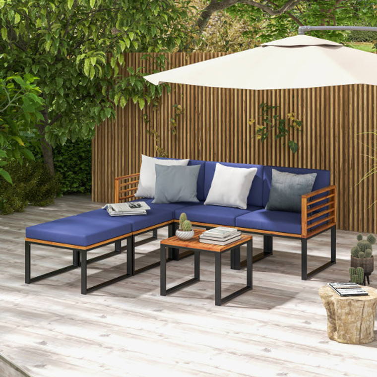 6 Piece Patio Acacia Wood Conversation Sofa Set With Ottomans And Coffee Table-Navy HW70982NY+