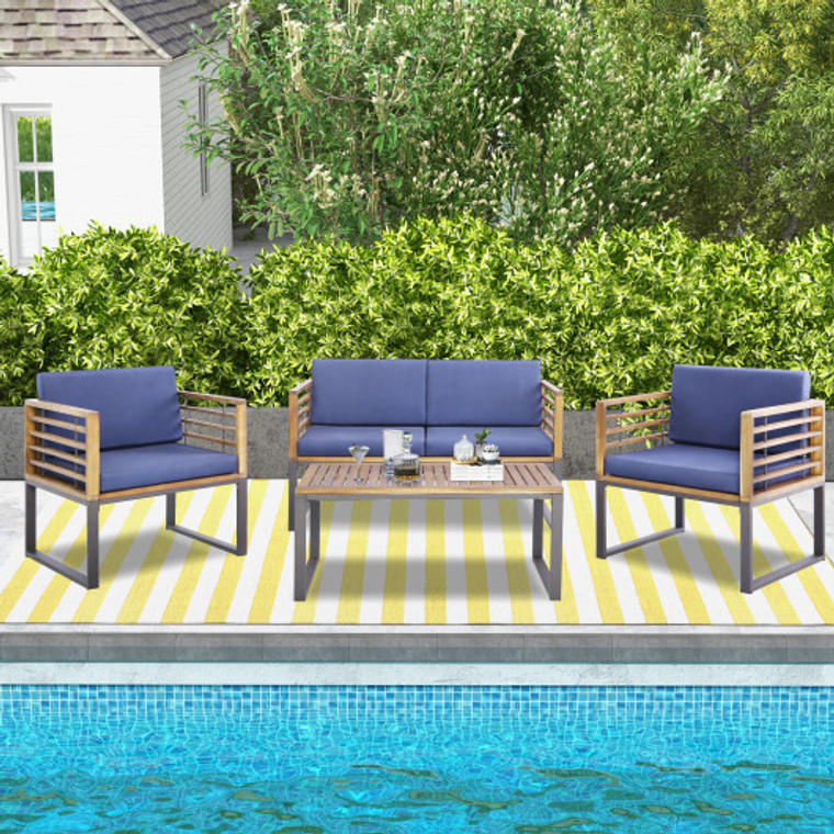 4 Piece Patio Acacia Wood Conversation Set With Soft Seat-Navy HW71003NY+