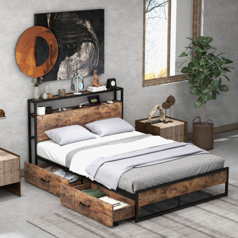 Full/Queen Bed Frame With 2-Tier Storage Headboard And Charging Station-Full Size HU10475-F