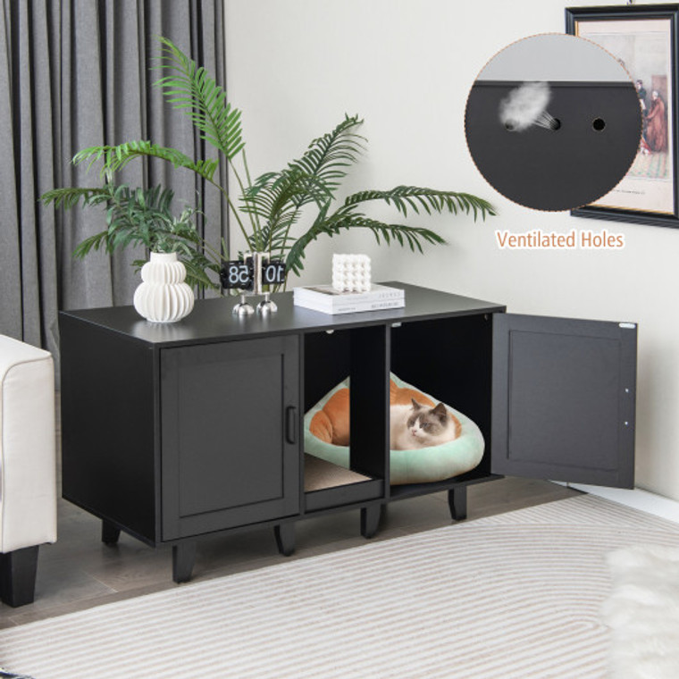 2-Door Cat Litter Box Enclosure With Winding Entry And Scratching Board-Black PV10040BK