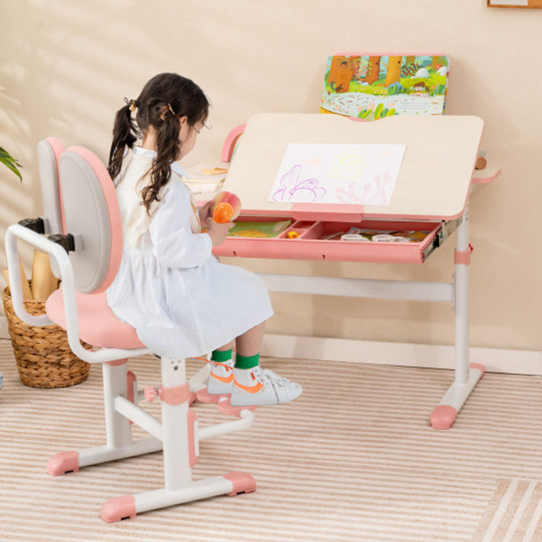 Ergonomic Height-Adjustable Kids Study Chair With Double Back Support-Pink HY10126PI-A