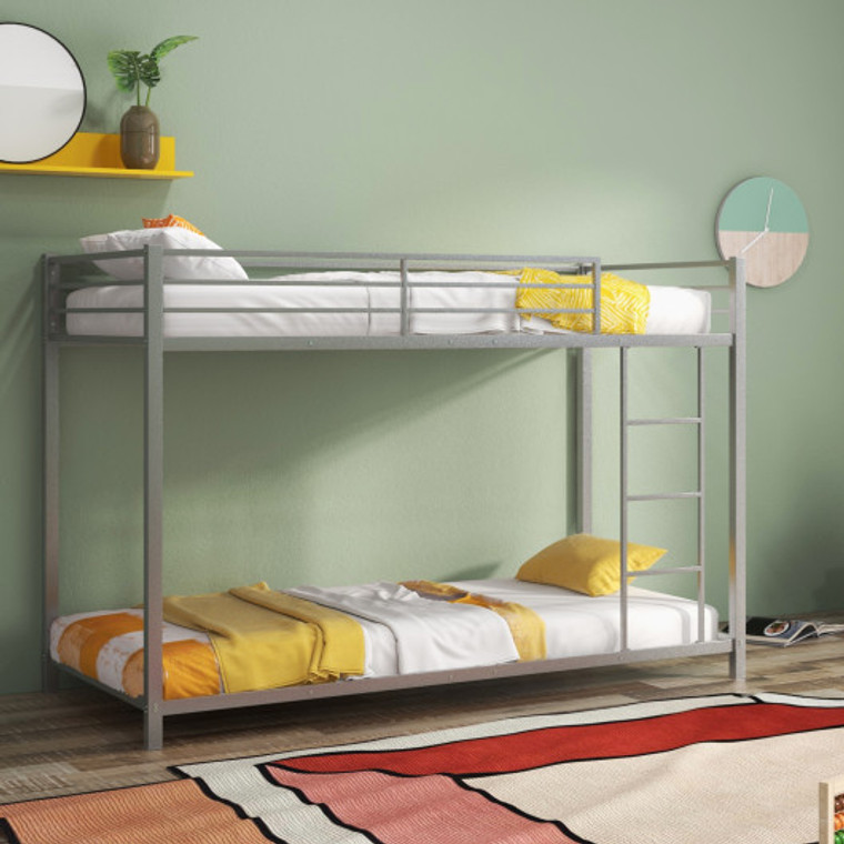 Low Profile Twin Over Twin Metal Bunk Bed With Full-Length Guardrails-Silver HU10424SL