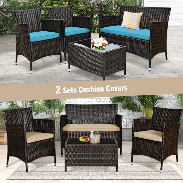 4 Pieces Comfortable Outdoor Rattan Sofa Set With Glass Coffee Table-Beige & Turquoise HW67772BT