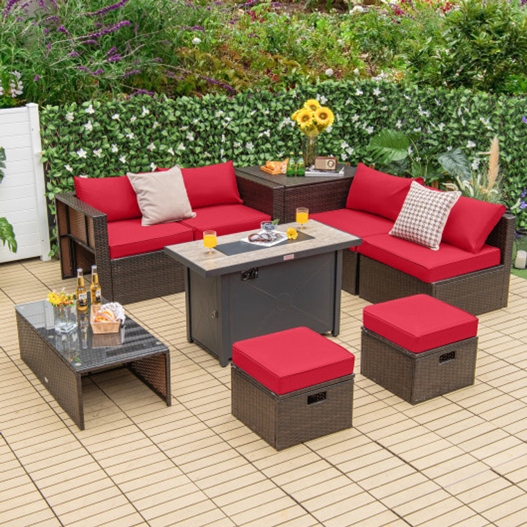 9 Pieces Outdoor Patio Furniture Set With 42 Inch Propane Fire Pit Table-Red OP70369+HW68592RE+