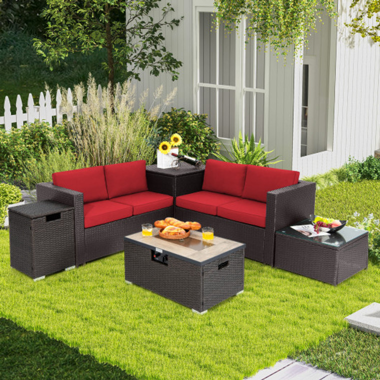 6 Pieces Outdoor Wicker Furniture Set With 32 Inch Propane Fire Pit Table-Red NP10261CF+HW66714BRE+