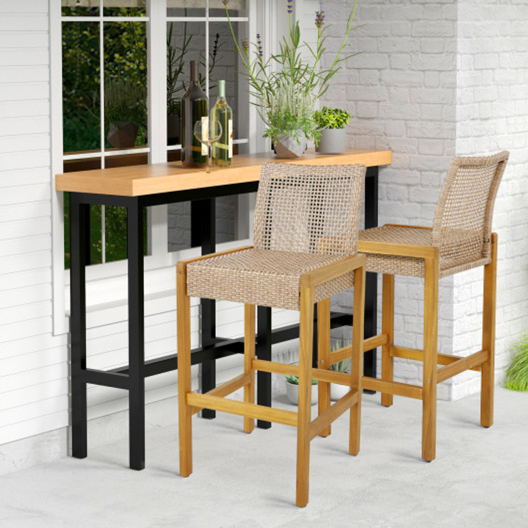 Set Of 2 Rattan Patio Wood Barstools Dining Chairs With Backrest-Set Of 2 HW71327-2