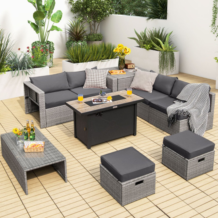 9 Pieces Patio Furniture Set With 42 Inches 60000 Btu Fire Pit-Gray OP70369+HW68604GR+
