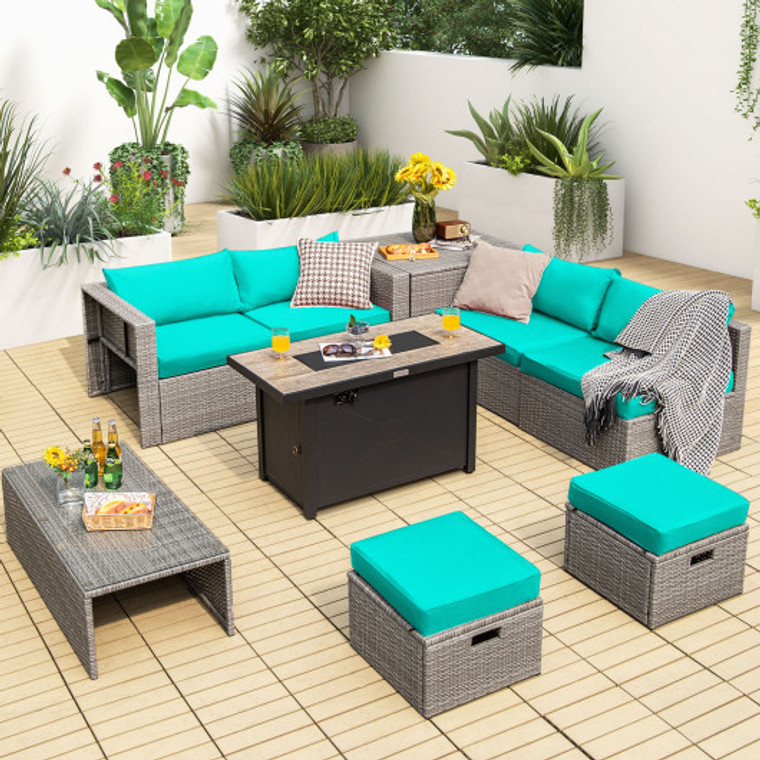 9 Pieces Patio Furniture Set With 42 Inches 60000 Btu Fire Pit-Turquoise OP70369+HW68604TU+