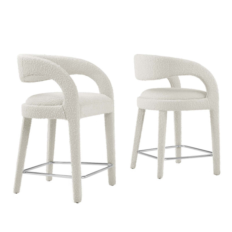 Pinnacle Boucle Upholstered Counter Stool Set Of 2 - Ivory Silver EEI-6565-IVO-SLV By Modway Furniture