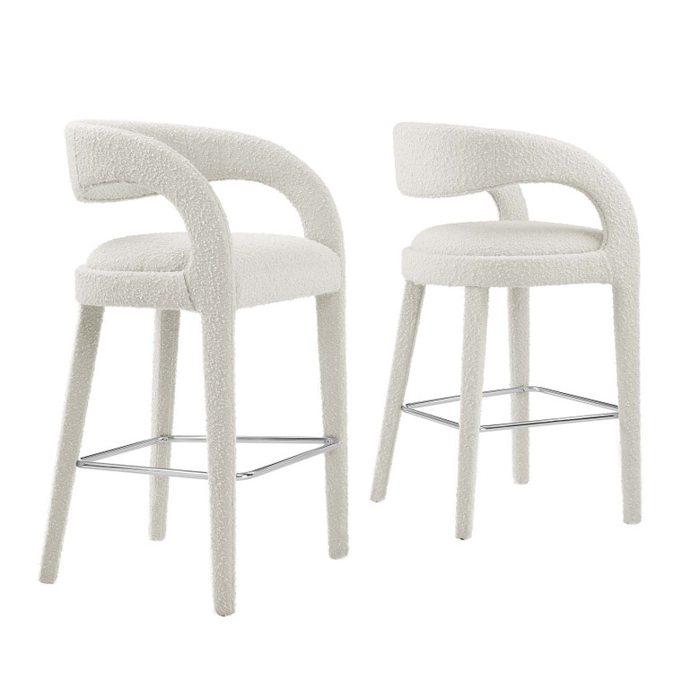Pinnacle Boucle Upholstered Bar Stool Set Of 2 - Ivory Silver EEI-6568-IVO-SLV By Modway Furniture