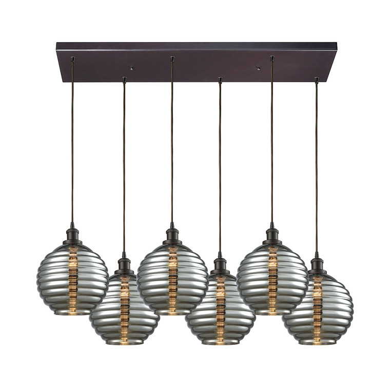 Elk Ridley 6-Light Rectangular Pendant Fixture In Oil Rubbed Bronze With Smoke-Plated Beehive Glass 56550/6RC