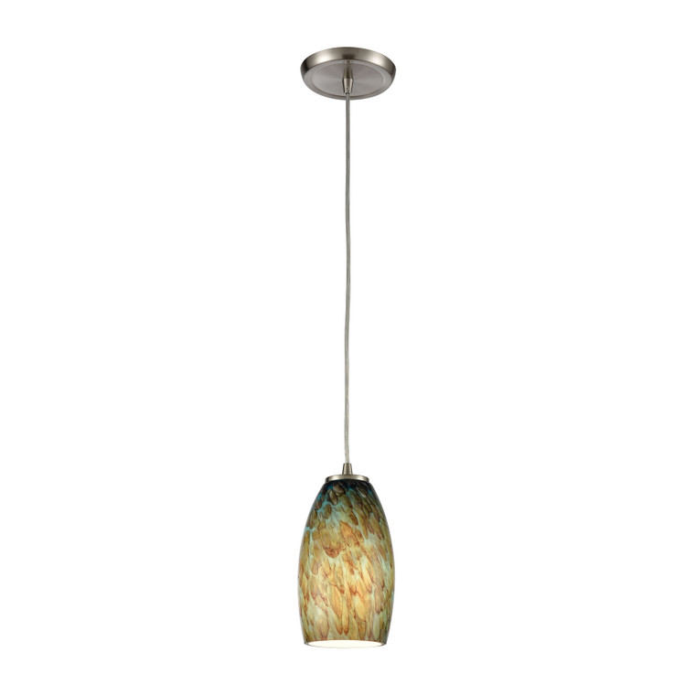 Elk Nature'S Collage 5'' Wide 1-Light Mini Pendant - Satin Nickel With Aqua Feathered Glass 60217/1