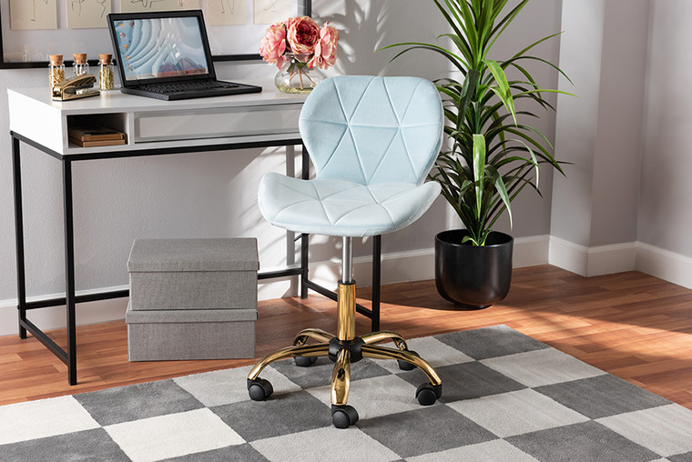 Baxton Studio Savara Contemporary Glam And Luxe Aqua Velvet Fabric And Gold Metal Swivel Office Chair NF01-Aqua Velvet/Gold-Office Chair