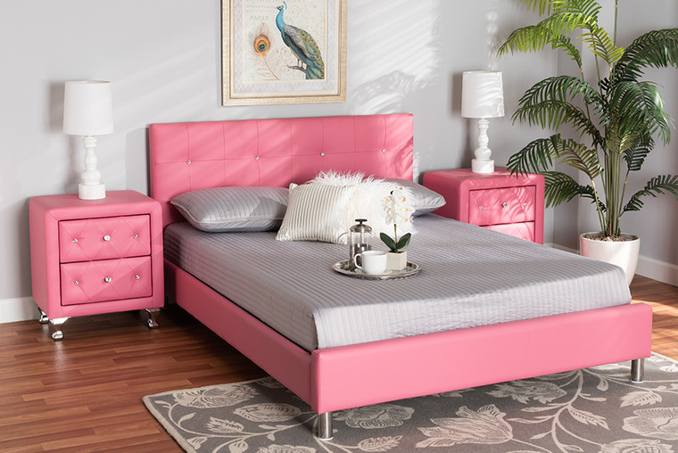 Baxton Studio Barbara Contemporary Glam Pink Faux Leather Upholstered Queen Size 3-Piece Bedroom Set BBT6140-Full-Pink-3PC Set