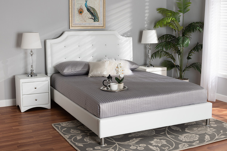 Baxton Studio Carlotta Contemporary Glam White Faux Leather Upholstered Full Size 3-Piece Bedroom Set BBT6376-White-Full-3PC Set