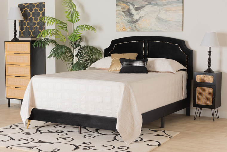 Baxton Studio Oxley Traditional Glam And Luxe Black Velvet And Gold Metal Queen Size Panel Bed Oxley-Black Velvet-Queen