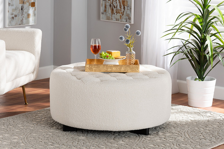 Baxton Studio Athena Modern And Contemporary Ivory Boucle Upholstered And Black Finished Wood Round Ottoman 2213-Beige-Ottoman