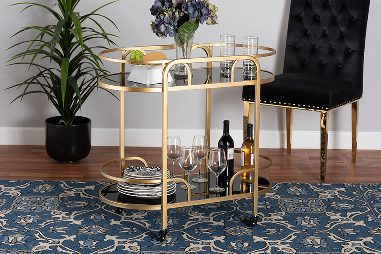 Baxton Studio Leighton Contemporary Glam And Luxe Gold Metal And Tempered Glass 2-Tier Wine Cart JY21A019-Gold-Cart
