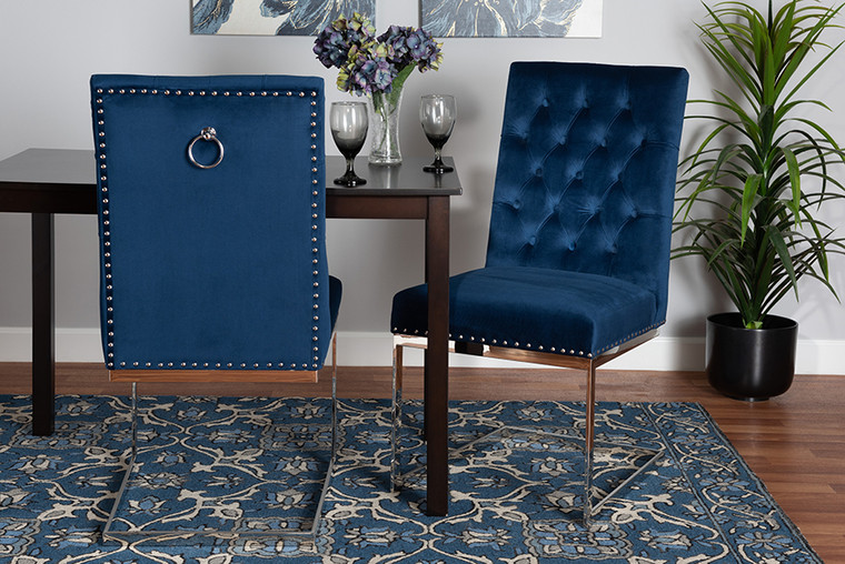 Baxton Studio Sherine Contemporary Glam And Luxe Navy Blue Velvet Fabric And Silver Metal 2-Piece Dining Chair Set 3504-Navy Blue Velvet-DC