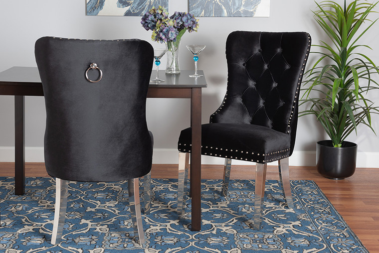 Baxton Studio Honora Contemporary Glam And Luxe Black Velvet Fabric And Silver Metal 2-Piece Dining Chair Set F459-Black Velvet-DC