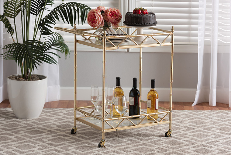Baxton Studio Mela Contemporary Glam And Luxe Gold Metal And White Marble 2-Tier Wine Cart H01-96218-Gold/White Marble-Cart