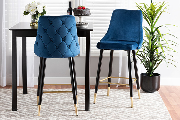 Baxton Studio Giada Contemporary Glam And Luxe Navy Blue Velvet Fabric And Dark Brown Finished Wood 2-Piece Bar Stool Set WI-12379-Navy Blue Velvet-BS