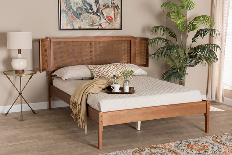 Baxton Studio Eridian Mid-Century Modern Walnut Brown Finished Wood And Natural Rattan Full Size Platform Bed MG0070-Walnut Rattan-Full