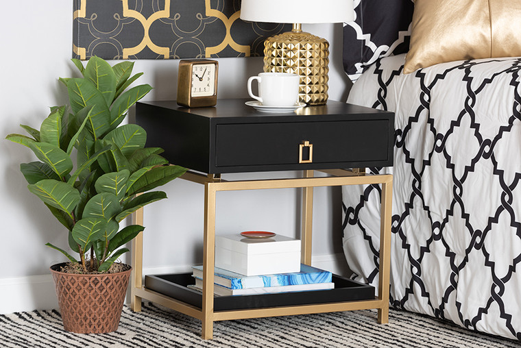 Baxton Studio Melosa Modern Glam And Luxe Black Finished Wood And Gold Metal 1-Drawer End Table JY21B010-Black/Gold-ET