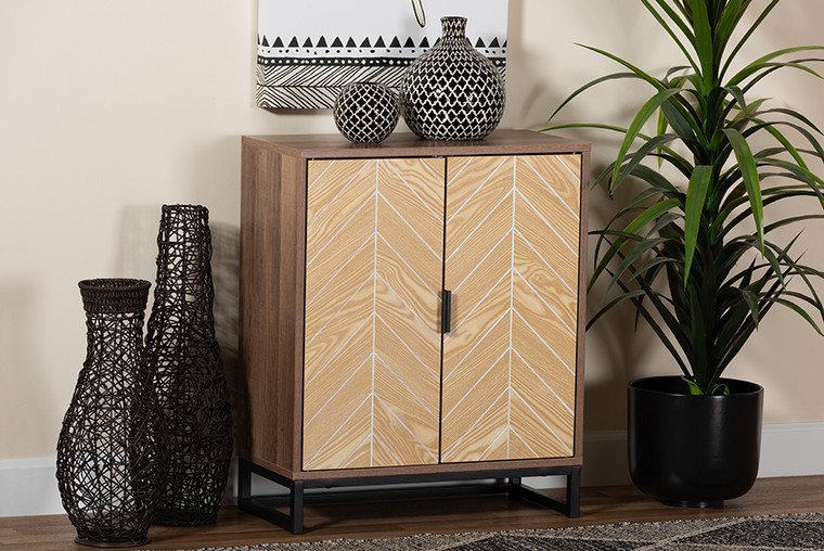 Baxton Studio Josephine Mid-Century Modern Transitional Two-Tone Walnut And Natural Brown Finished Wood And Black Metal 2-Door Storage Cabinet ANN-2012-Natural/Brown-Cabinet