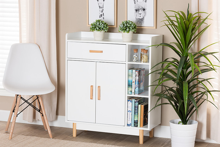 Baxton Studio Russell Mid-Century Modern Two-Tone White And Oak Brown Finished Wood 2-Door Sideboard SR195043-White-Cabinet