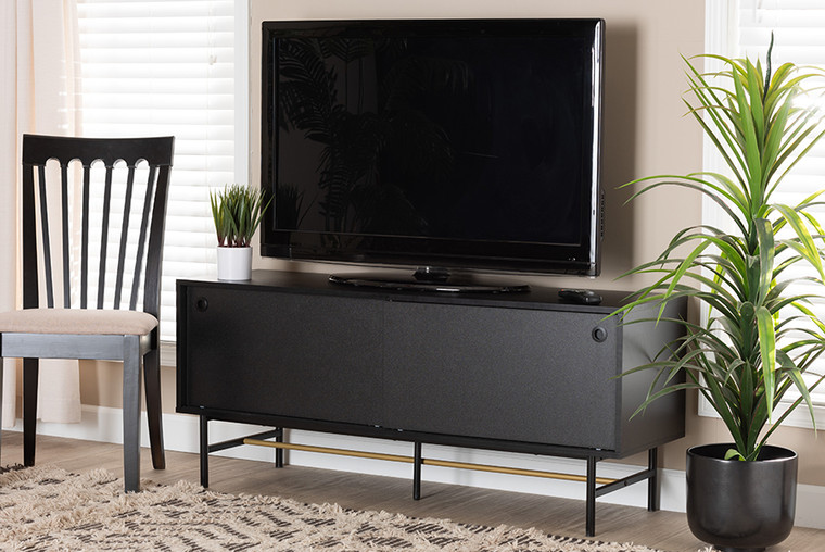 Baxton Studio Truett Modern Dark Brown Finished Wood And Two-Tone Black And Gold Metal Tv Stand LCF20271-Dark Brown-TV Stand