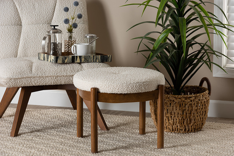 Baxton Studio Iliana Japandi Cream Boucle Fabric And Walnut Brown Finished Rubberwood Ottoman Footstool BBT5454-Maya-Cream/Walnut-Stool