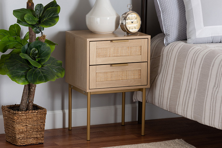 Baxton Studio Dewitt Japandi Light Brown Finished Wood And Gold Metal 2-Drawer End Table SR221132-Wooden-ET