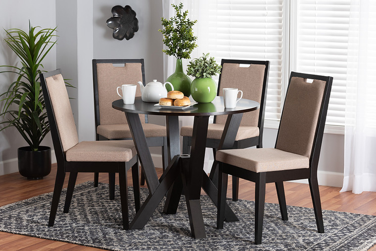 Baxton Studio Ansa Modern Sand Fabric And Dark Brown Finished Wood 5-Piece Dining Set Ansa-Sand/Dark Brown-5PC Dining Set