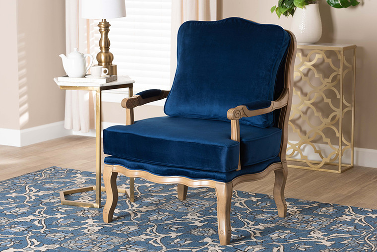 Baxton Studio Jules Traditional Navy Blue Fabric And French Oak Brown Finished Wood Accent Chair BBT5470-Navy Blue/French Oak-Chair