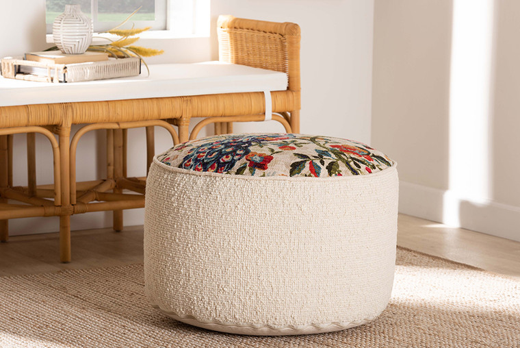 Baxton Studio Murino Vintage Cream And Multicolor Fabric Ottoman Pouf Murino-Ivory/Multi-Pouf