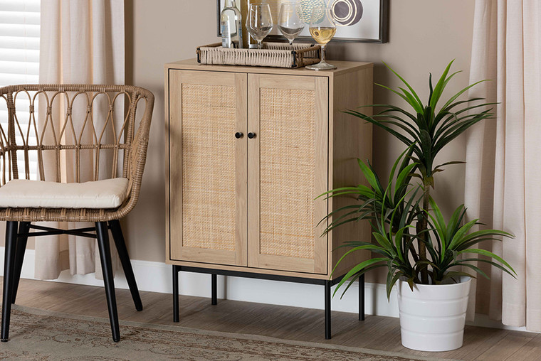 Baxton Studio Sherwin Mid-Century Modern Light Brown And Black 2-Door Storage Cabinet With Woven Rattan Accent SR221175-Wooden/Rattan-Cabinet