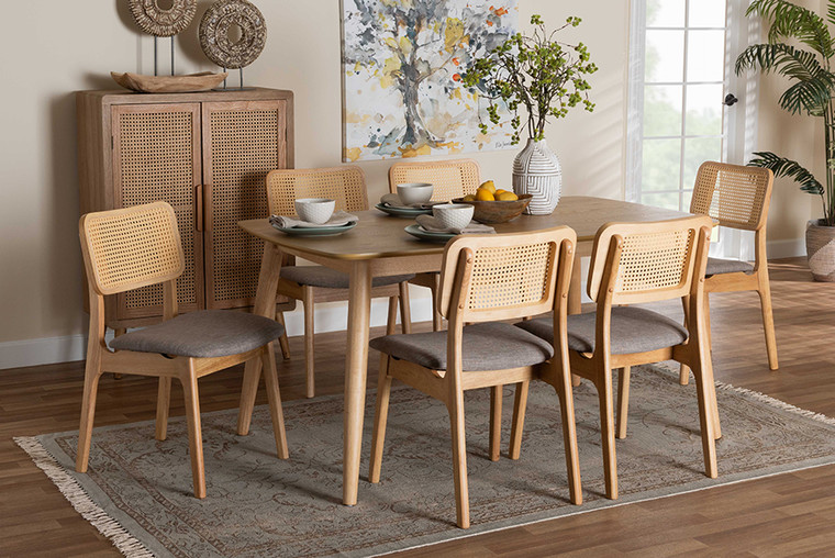 Baxton Studio Dannon Mid-Century Modern Grey Fabric And Natural Oak Finished Wood 7-Piece Dining Set CS001C-Natural Oak/Light Grey-7PC Dining Set