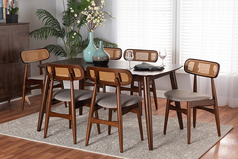 Baxton Studio Tarana Mid-Century Modern Grey Fabric And Walnut Brown Finished Wood 7-Piece Dining Set CS002C-Walnut/Light Grey-7PC Dining Set