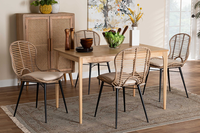 Baxton Studio Brenna Modern Bohemian Greywashed Rattan And Natural Brown Finished Wood 5-Piece Dining Set KYG005C-Natural Oak/Light Grey-5PC Dining Set