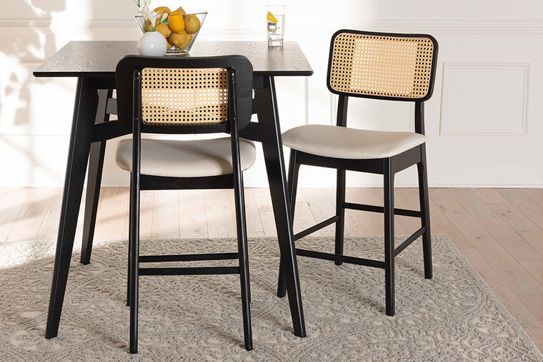 Baxton Studio Dannon Mid-Century Modern Cream Fabric And Black Finished Wood 2-Piece Counter Stool Set CS001P-Black/Cream-PC-2PK