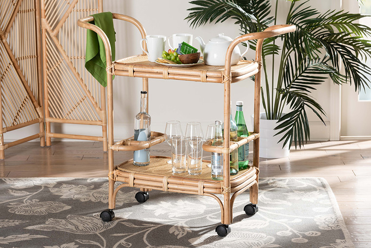 Bali & Pari Hadia Modern Bohemian Natural Brown Rattan Wine Cart DC8043-Rattan-Cart