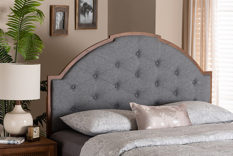 Baxton Studio Madeline Classic And Traditional Grey Fabric And Walnut Brown Finished Wood Queen Size Headboard MG9776-Dark Grey/Walnut-HB-Queen
