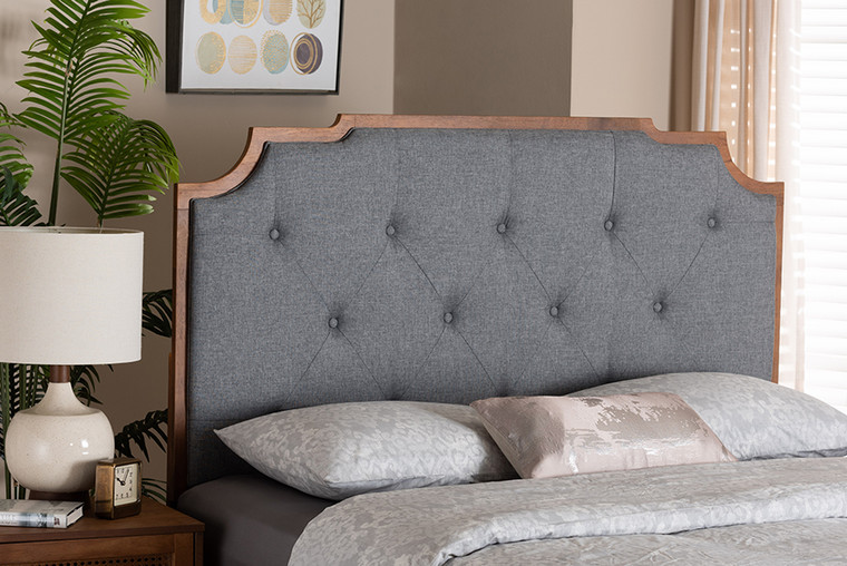 Baxton Studio Fortuna Classic And Traditional Grey Fabric And Walnut Brown Finished Wood Queen Size Headboard MG9777-Dark Grey/Walnut-HB-Queen