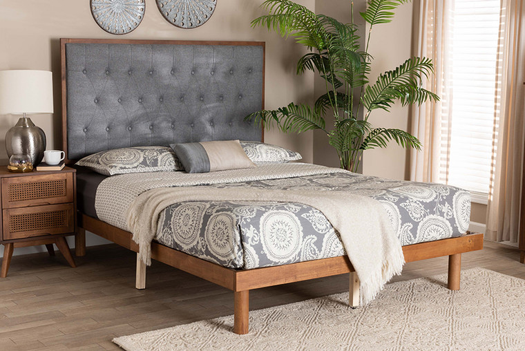 Baxton Studio Bellini Classic And Traditional Grey Fabric And Walnut Brown Finished Wood King Size Platform Bed MG9765/0082S-King