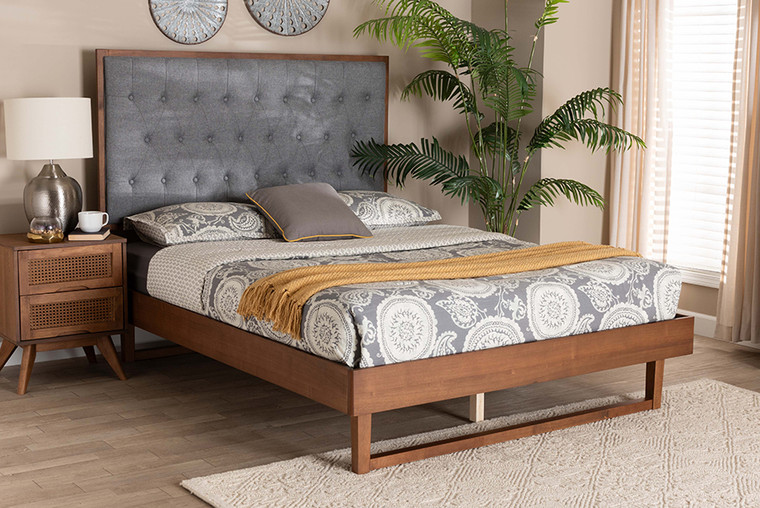 Baxton Studio Bryn Classic And Traditional Grey Fabric And Walnut Brown Finished Wood Queen Size Platform Bed MG9765/97043-Queen