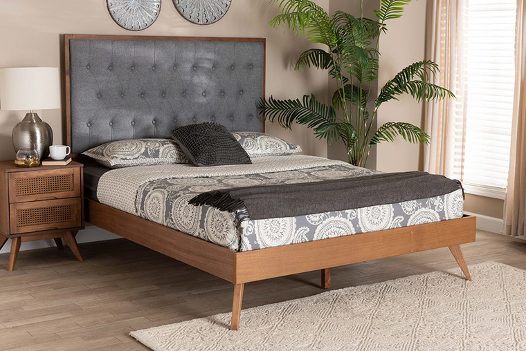 Baxton Studio Dericia Classic And Traditional Grey Fabric And Walnut Brown Finished Wood Queen Size Platform Bed MG9765/9704-Queen