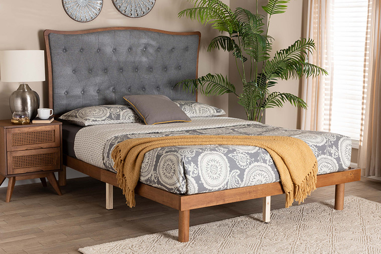 Baxton Studio Valonia Classic And Traditional Grey Fabric And Walnut Brown Finished Wood King Size Platform Bed MG9767/0082S-King