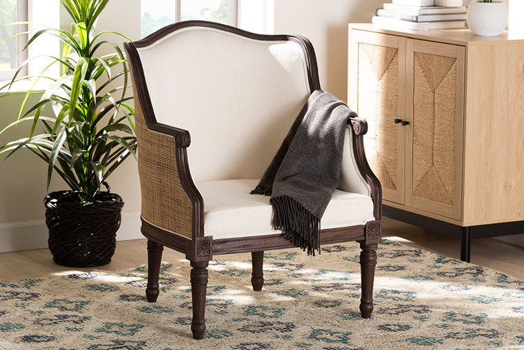 Bali & Pari Ornella Traditional French Beige Fabric And Dark Brown Finished Wood Accent Chair SEA667-Dark wood-NAT03/White-F00