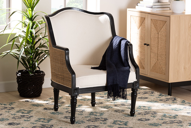 Bali & Pari Elizette Traditional French Beige Fabric And Black Finished Wood Accent Chair SEA689-Black wood-BM02/White-F00